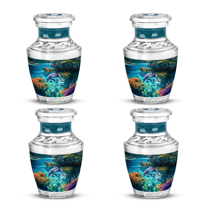 Moss Green Dolphin Cremation Urn back view with polished surface - contemporary dolphin design with modern artistic flair - 10 inch aluminum urn for cremated remains