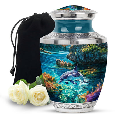 Pine Green Dolphin Cremation Urn side profile showing urn shape - stylized abstract dolphin pattern with bold lines - full-size 10 inch 200 cubic inch adult cremation urn