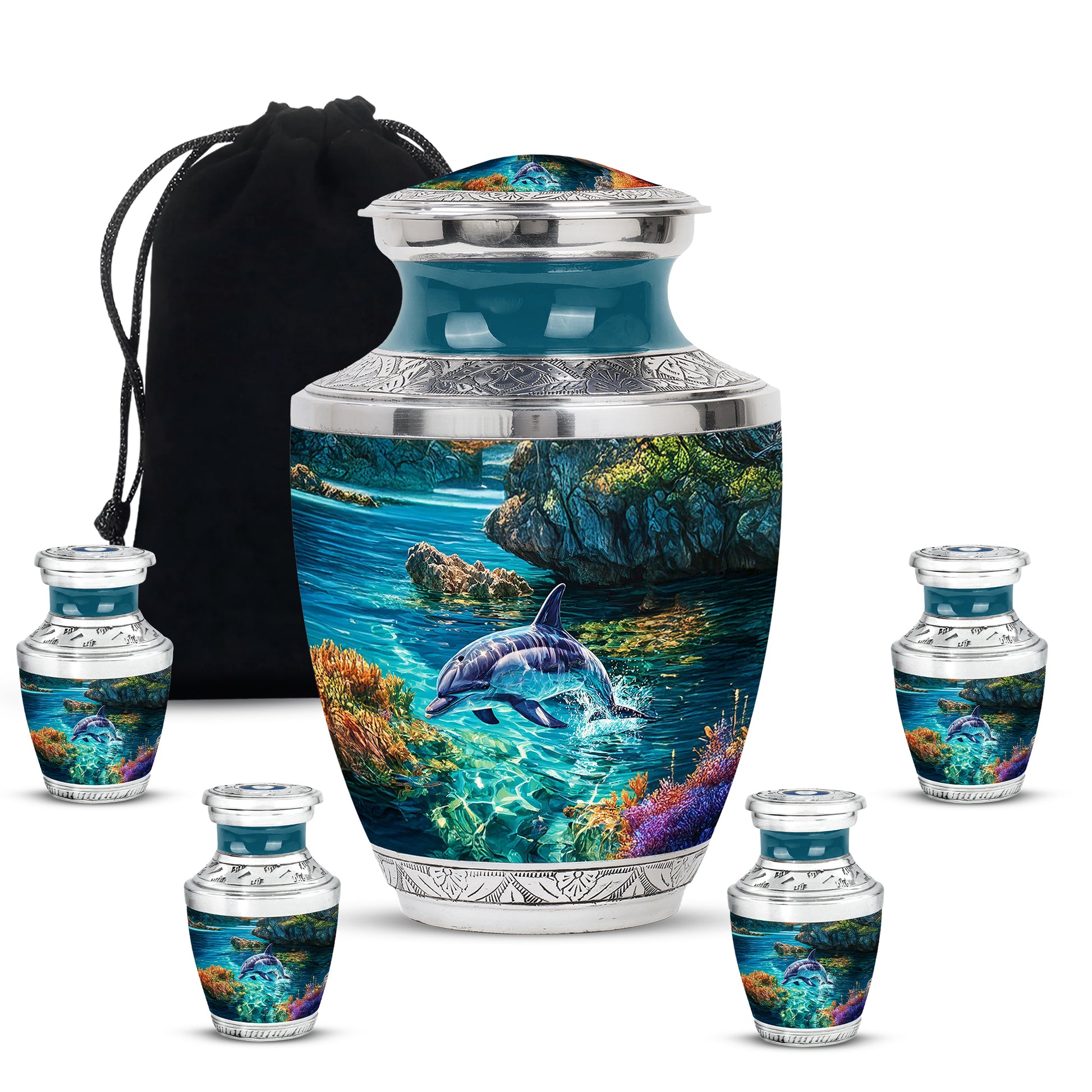 Pine Green Dolphin Cremation Urn lifestyle display on memorial shelf - stylized abstract dolphin pattern with bold lines - memorial set with one large and four small urns