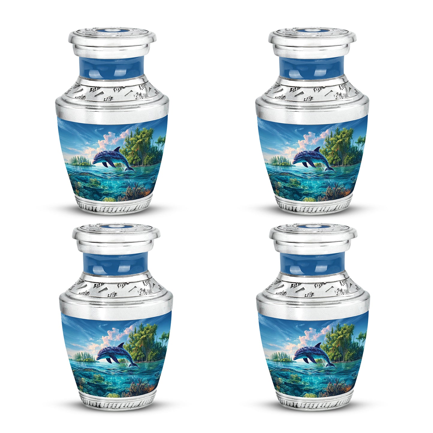 Slate Blue Dolphin Cremation Urn back view with polished surface - contemporary dolphin design with modern artistic flair - 10 inch aluminum urn for cremated remains