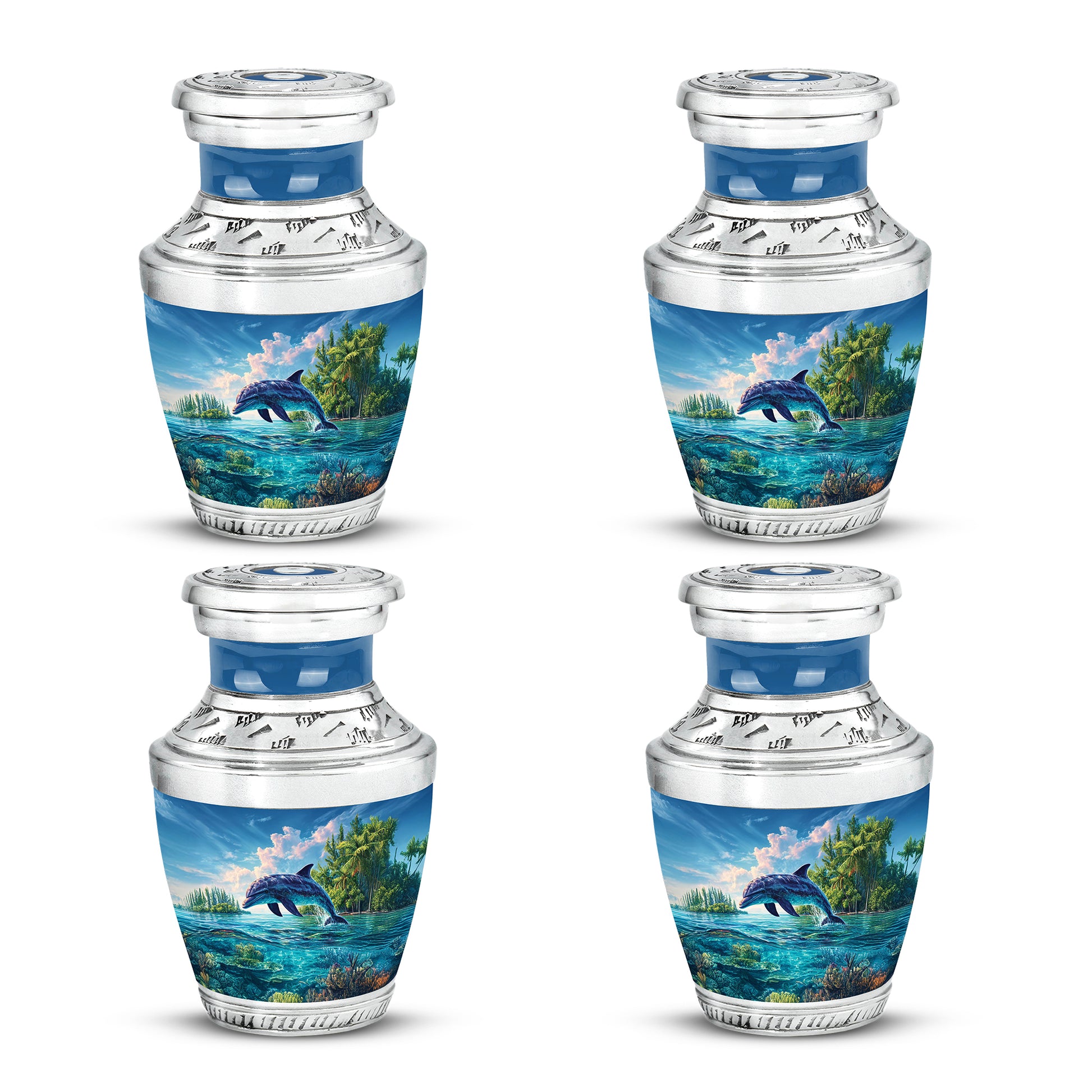 Slate Blue Dolphin Cremation Urn back view with polished surface - contemporary dolphin design with modern artistic flair - 10 inch aluminum urn for cremated remains