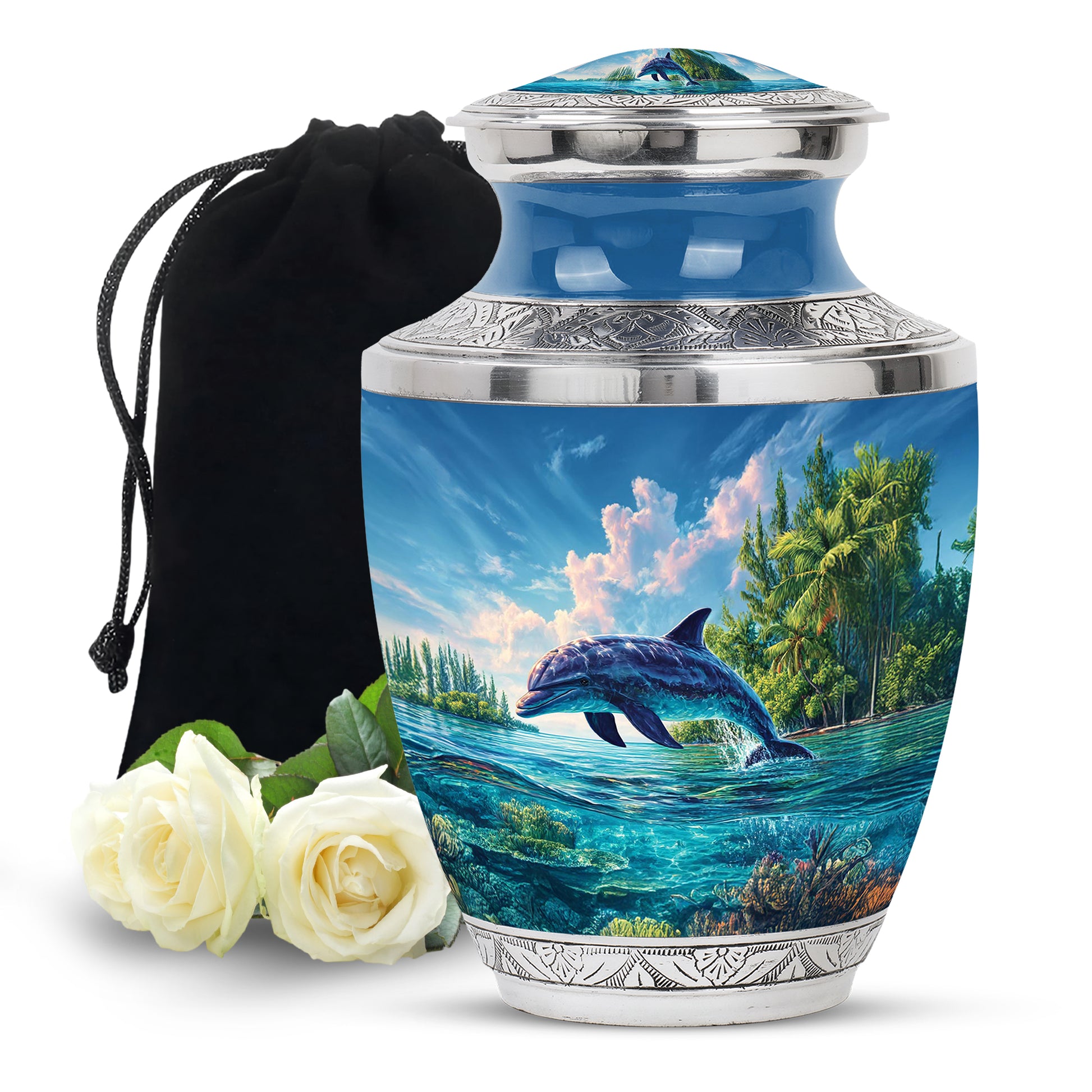 Icy Blue Dolphin Cremation Urn side profile showing urn shape - modern art-inspired dolphin motif on sleek aluminum - full-size 10 inch 200 cubic inch adult cremation urn