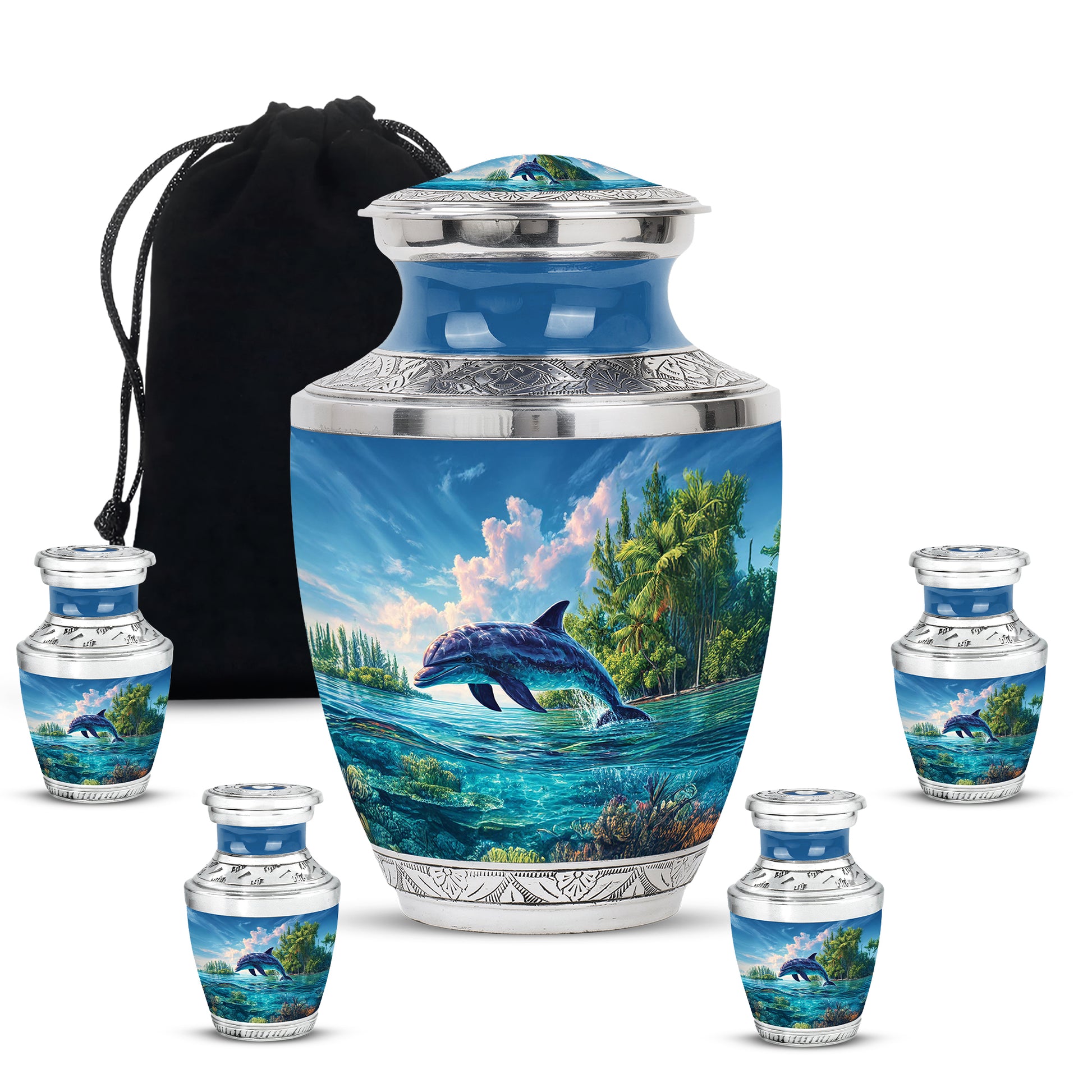 Cobalt Blue Dolphin Cremation Urn lifestyle display on memorial shelf - stylized abstract dolphin pattern with bold lines - memorial set with one large and four small urns