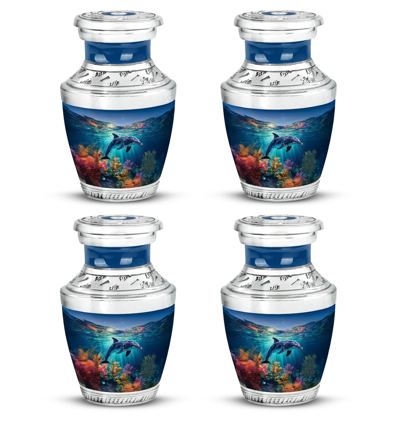 Navy Blue Dolphin Cremation Urn back view with polished surface - contemporary dolphin design with modern artistic flair - 10 inch aluminum urn for cremated remains