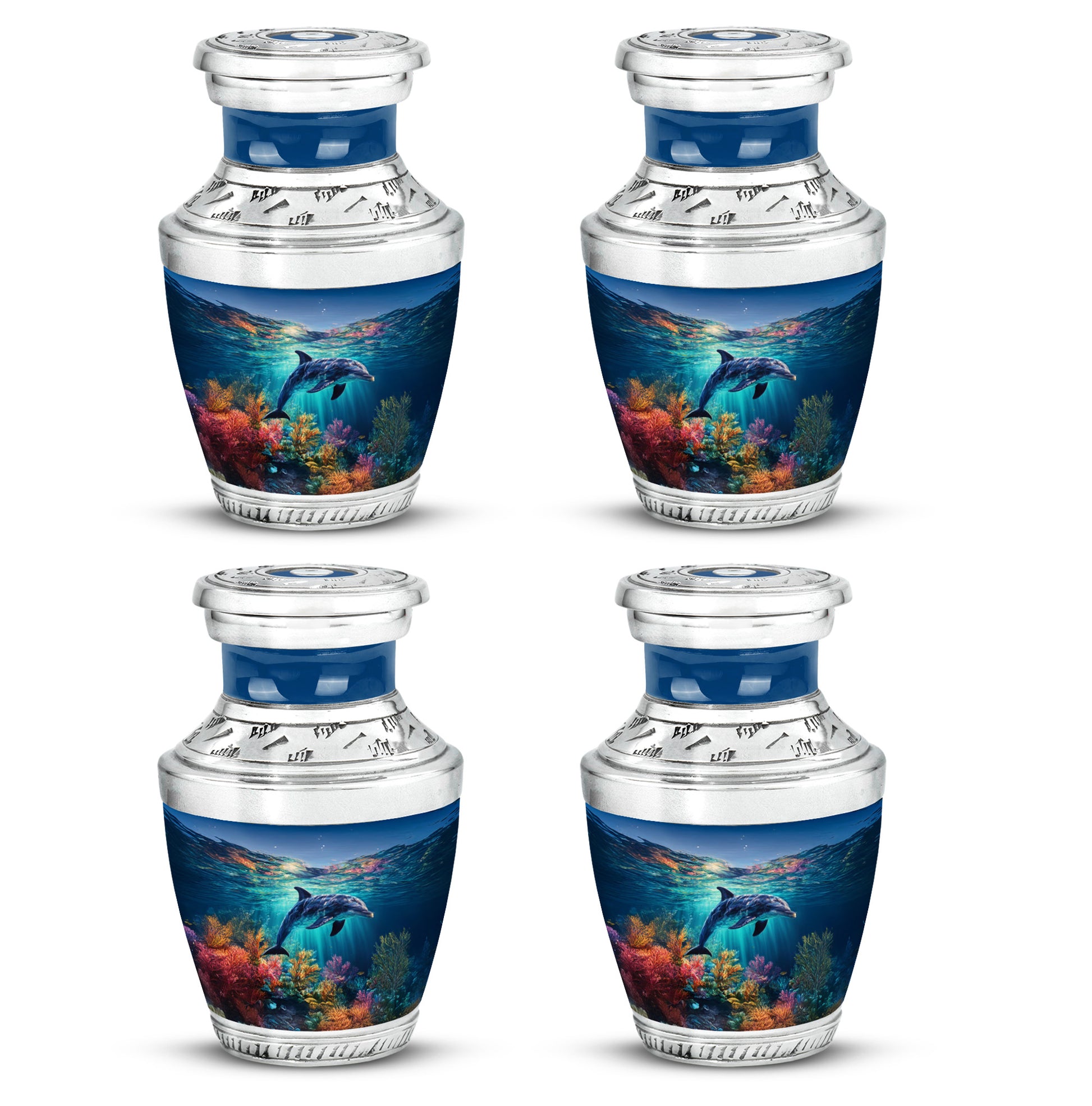 Navy Blue Dolphin Cremation Urn back view with polished surface - contemporary dolphin design with modern artistic flair - 10 inch aluminum urn for cremated remains