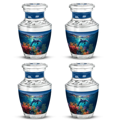 Navy Blue Dolphin Cremation Urn back view with polished surface - contemporary dolphin design with modern artistic flair - 10 inch aluminum urn for cremated remains