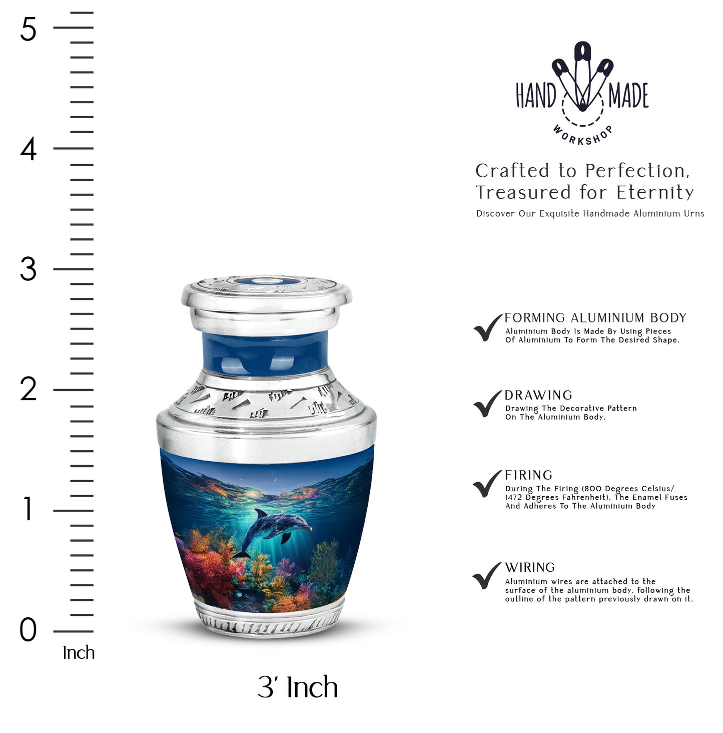 Icy Blue Dolphin Cremation Urn top-down view of secure threaded lid - contemporary dolphin design with modern artistic flair - mini keepsake memorial for portion of cremation ashes