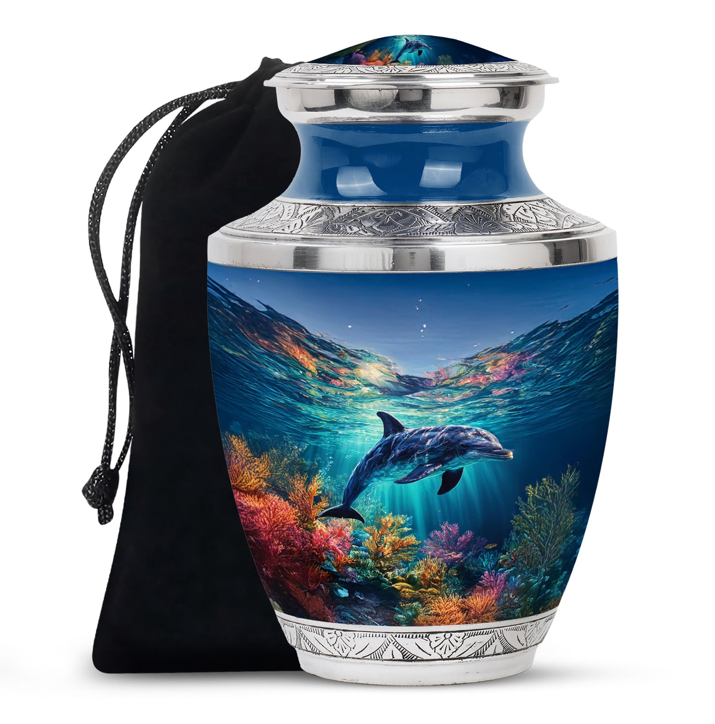Royal Blue Dolphin Cremation Urn side profile showing urn shape - artistic dolphin interpretation with creative detail - full-size 10 inch 200 cubic inch adult cremation urn