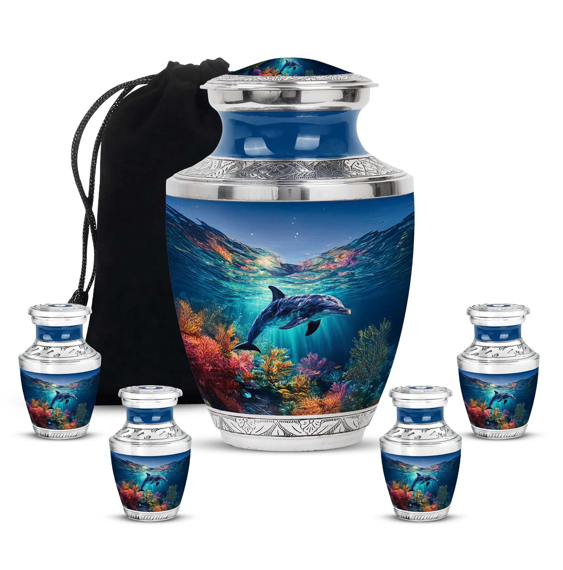 Cobalt Blue Dolphin Cremation Urn lifestyle display on memorial shelf - artistic dolphin interpretation with creative detail - memorial set with one large and four small urns