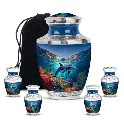 Cobalt Blue Dolphin Cremation Urn lifestyle display on memorial shelf - artistic dolphin interpretation with creative detail - memorial set with one large and four small urns