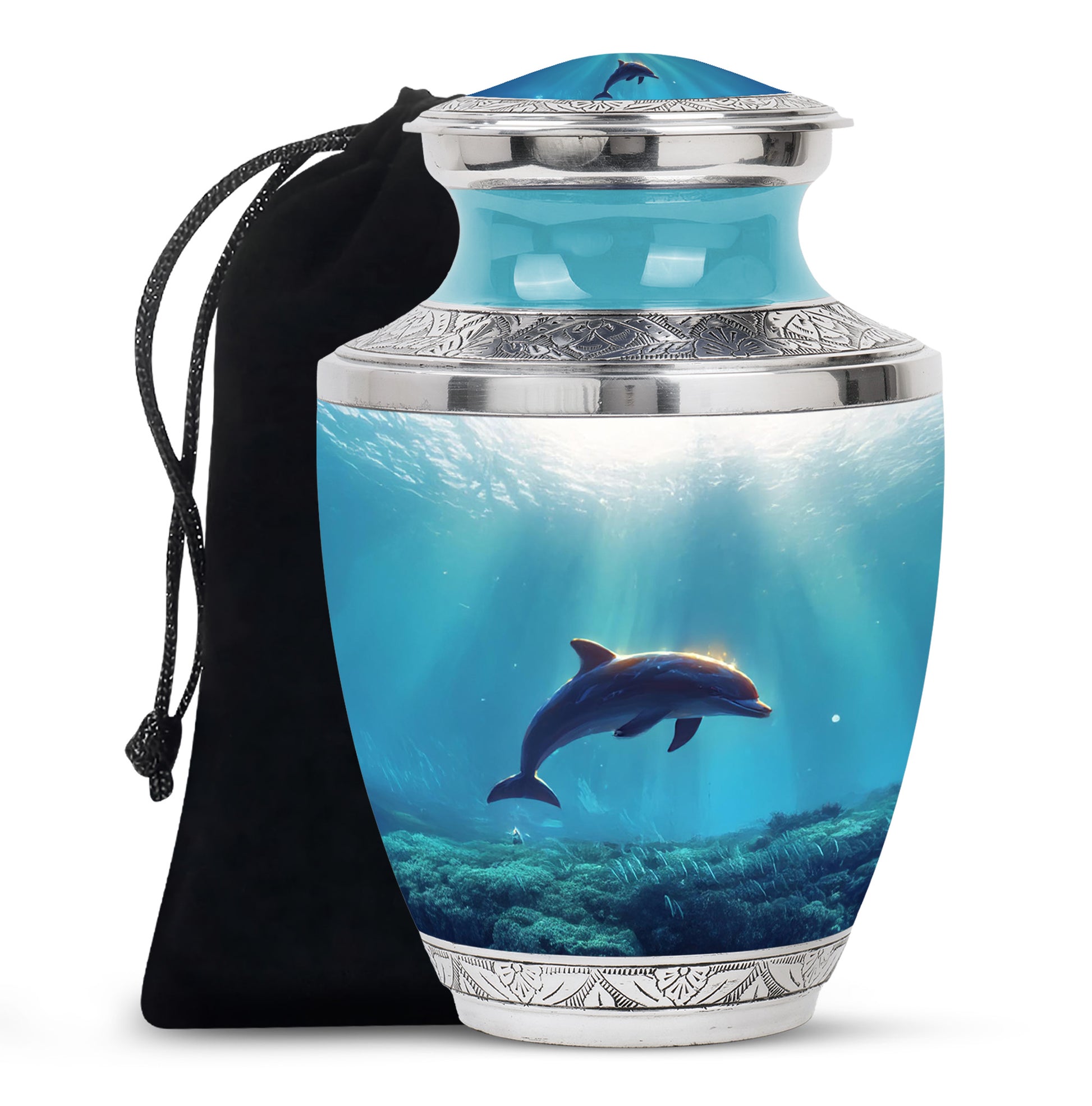 Satin Silver Dolphin Cremation Urn side profile showing urn shape - contemporary dolphin design with modern artistic flair - full-size 10 inch 200 cubic inch adult cremation urn