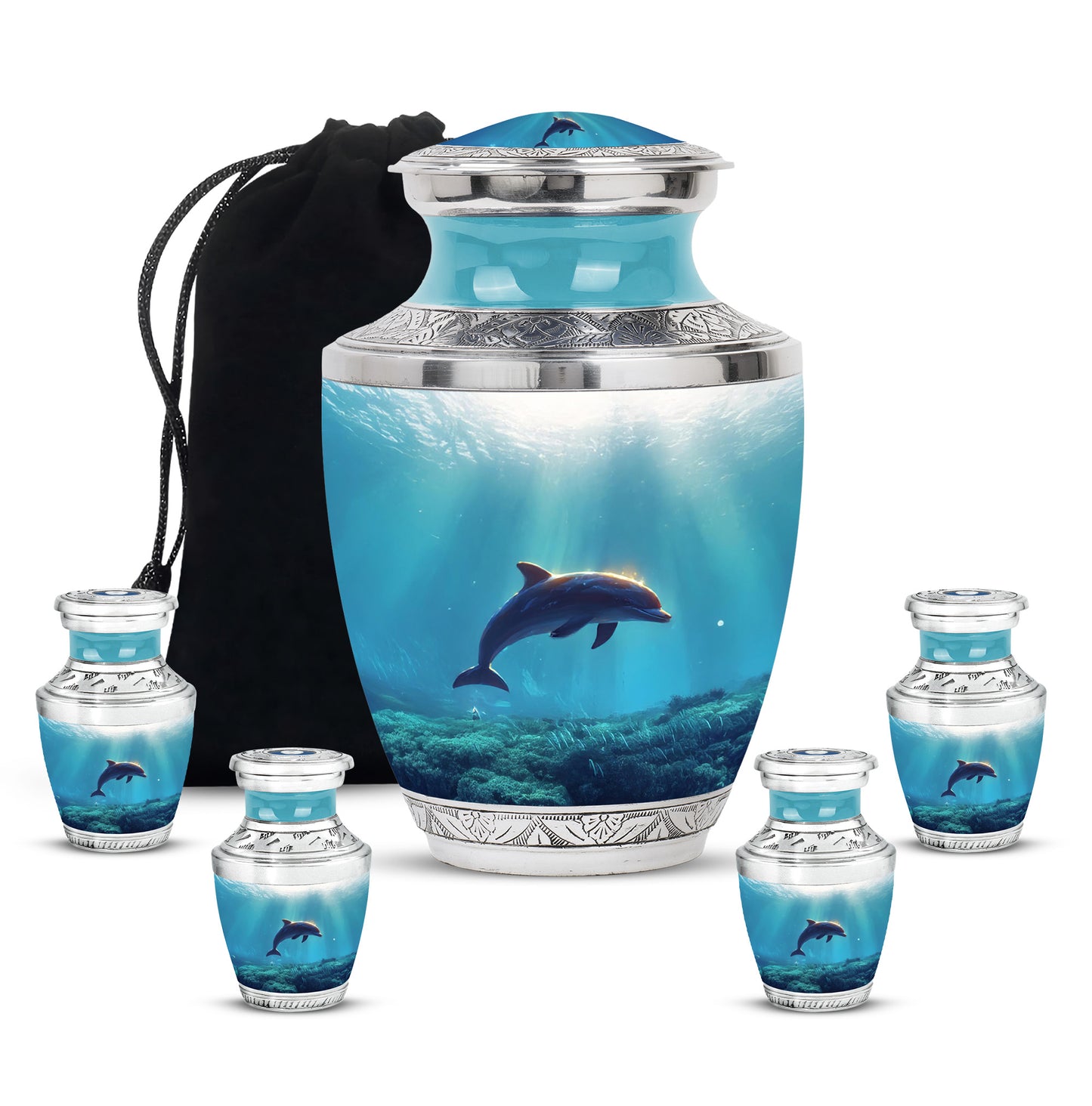 Platinum Silver Dolphin Cremation Urn lifestyle display on memorial shelf - modern art-inspired dolphin motif on sleek aluminum - memorial set with one large and four small urns