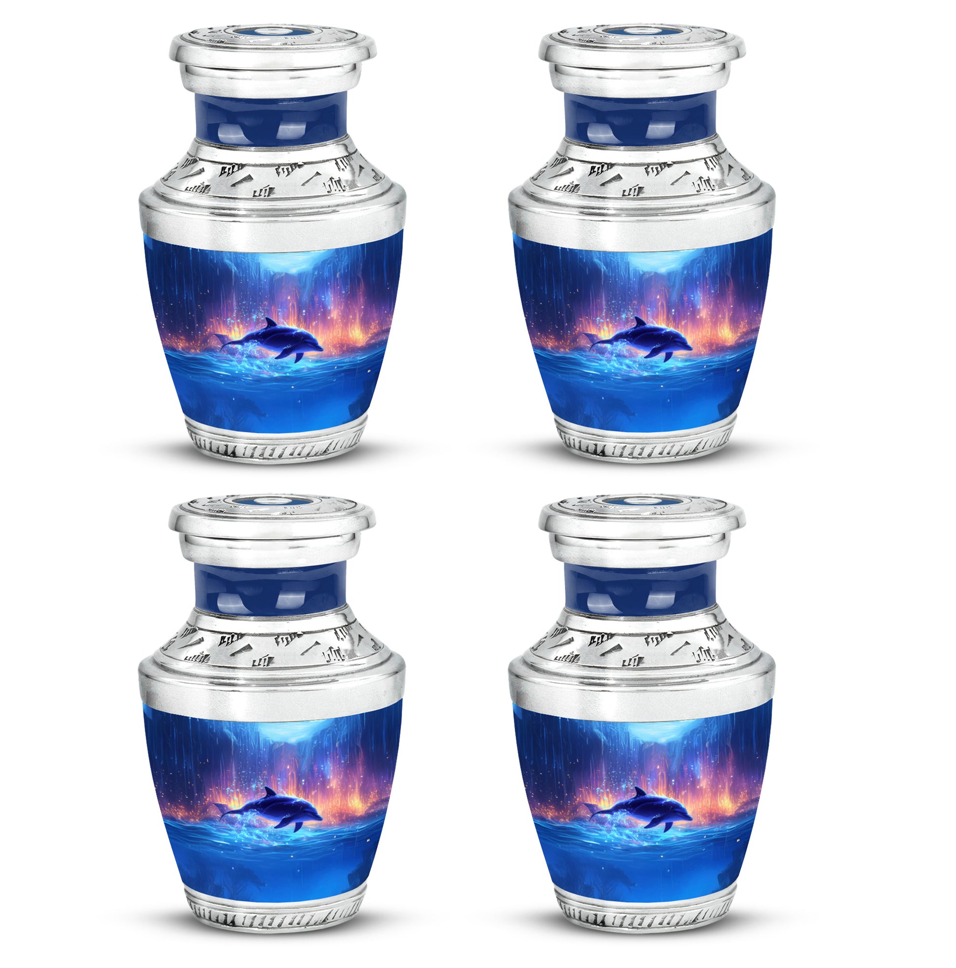 Cornflower Blue Dolphin Cremation Urn back view with polished surface - stylized abstract dolphin pattern with bold lines - 10 inch aluminum urn for cremated remains