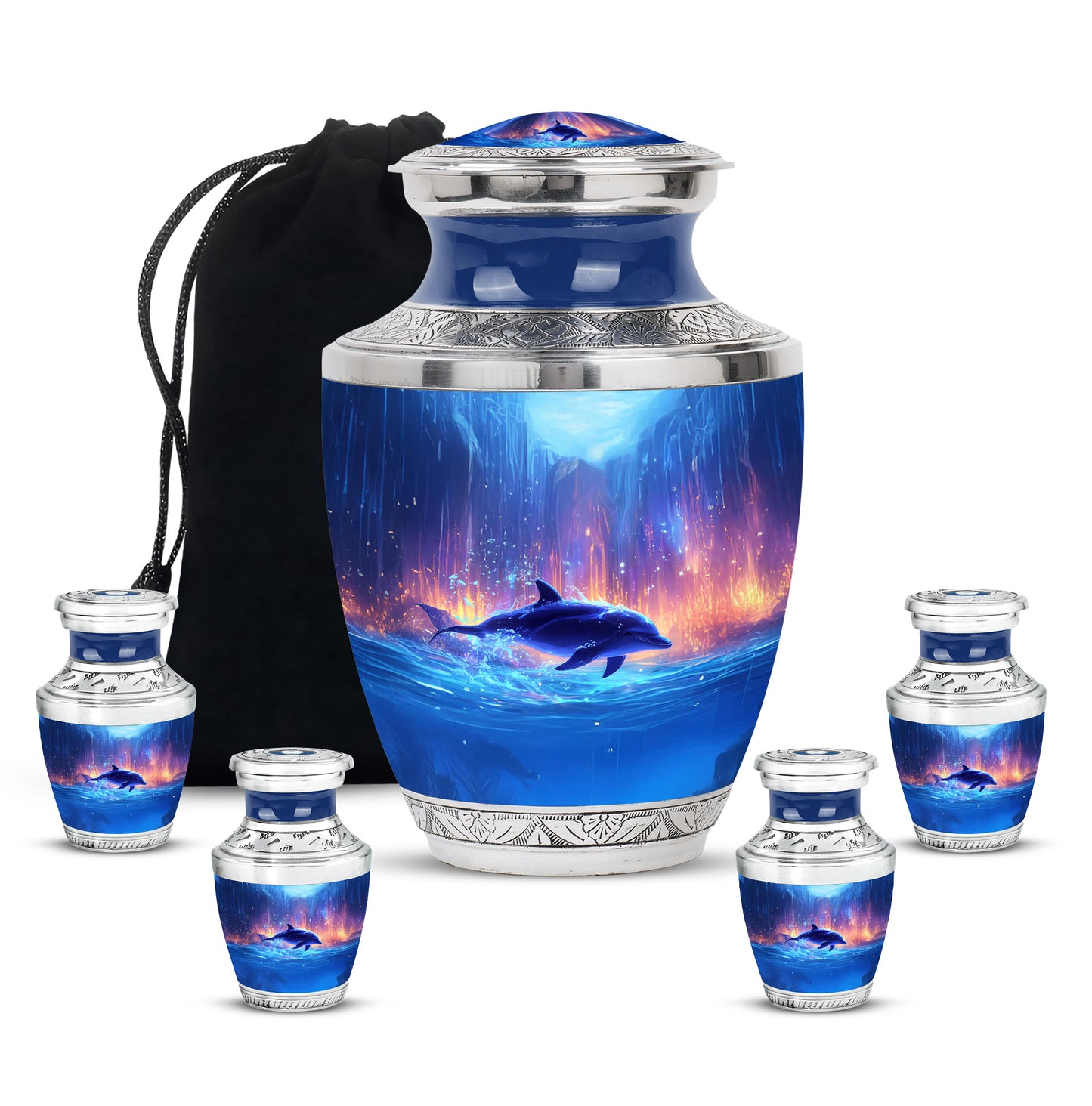 Calming Blue Dolphin Cremation Urn lifestyle display on memorial shelf - stylized abstract dolphin pattern with bold lines - memorial set with one large and four small urns
