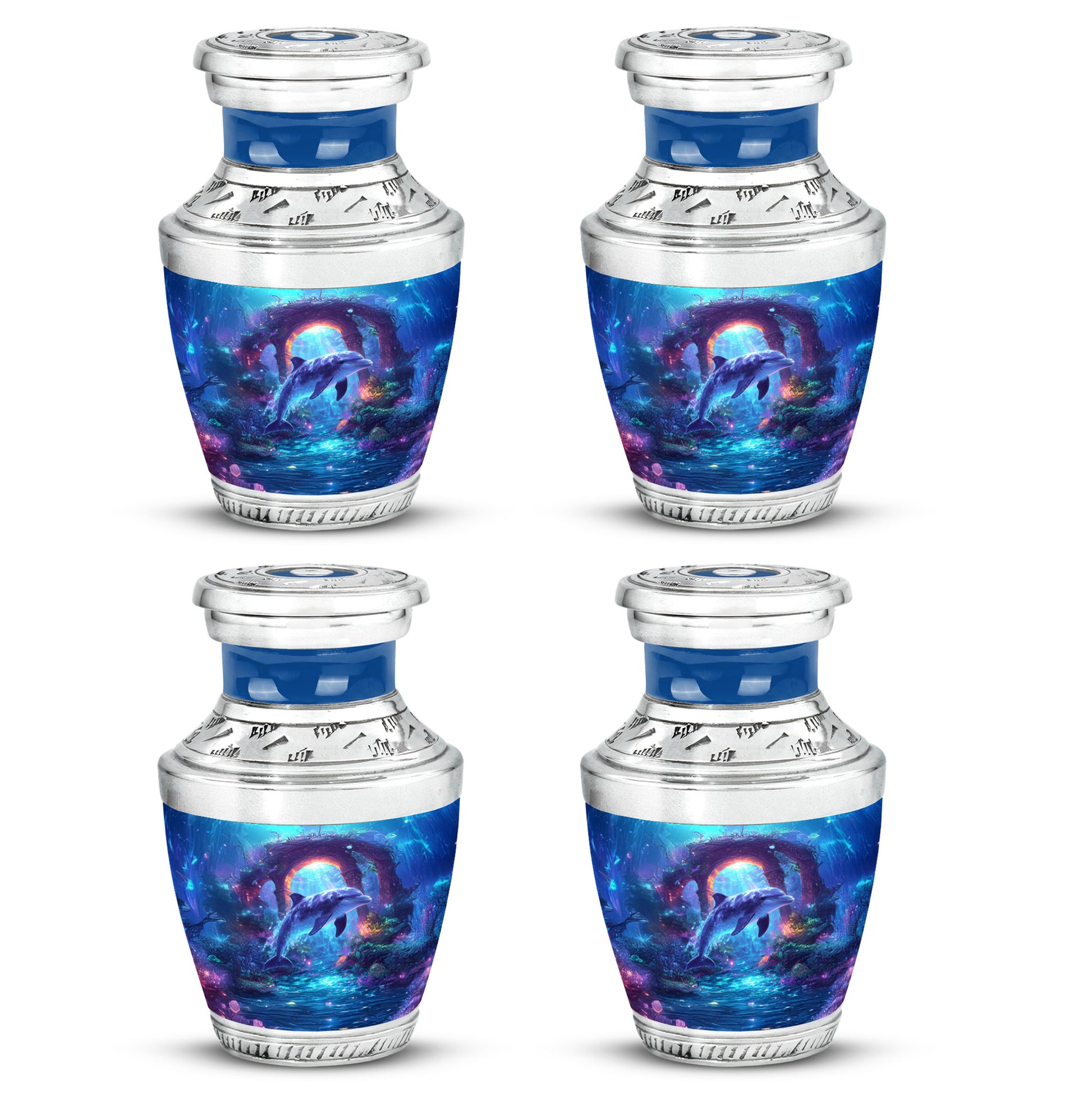 Navy Blue Dolphin Cremation Urn back view with polished surface - contemporary dolphin design with modern artistic flair - 10 inch aluminum urn for cremated remains