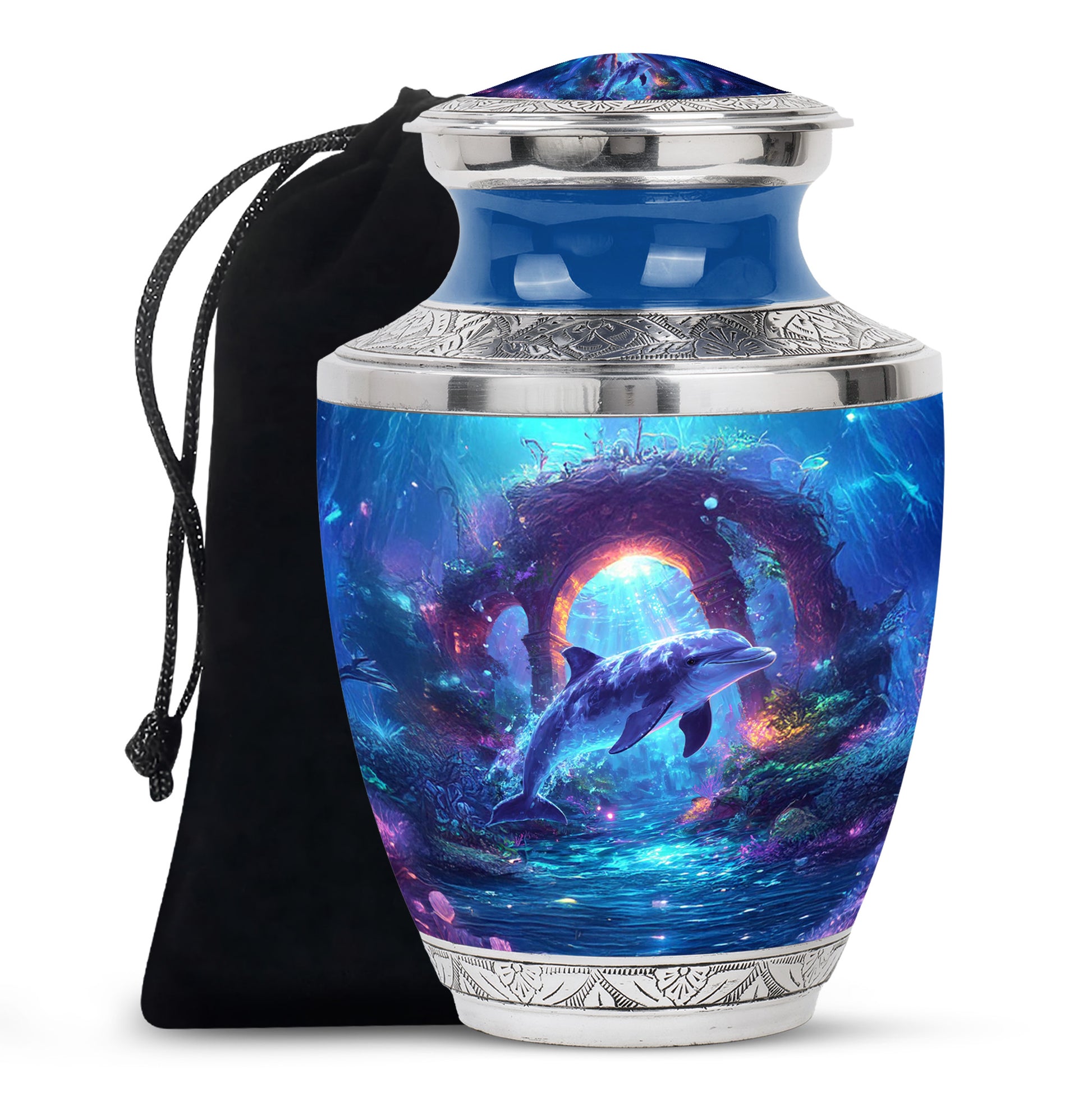 Navy Blue Dolphin Cremation Urn side profile showing urn shape - contemporary dolphin design with modern artistic flair - full-size 10 inch 200 cubic inch adult cremation urn
