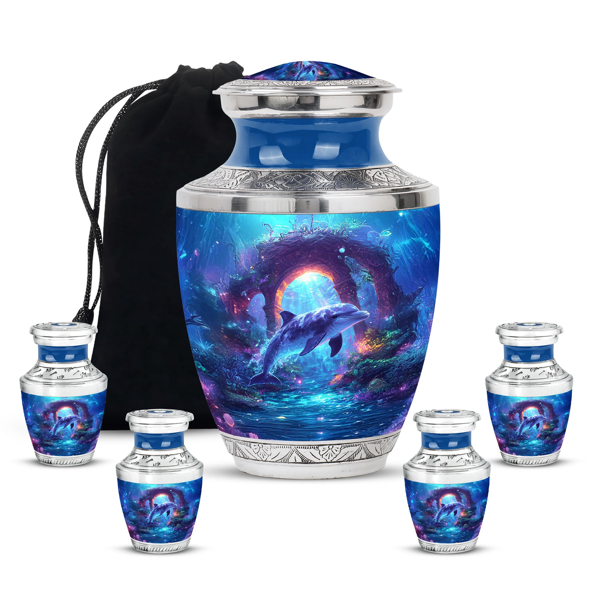 Sapphire Blue Dolphin Cremation Urn lifestyle display on memorial shelf - stylized abstract dolphin pattern with bold lines - memorial set with one large and four small urns