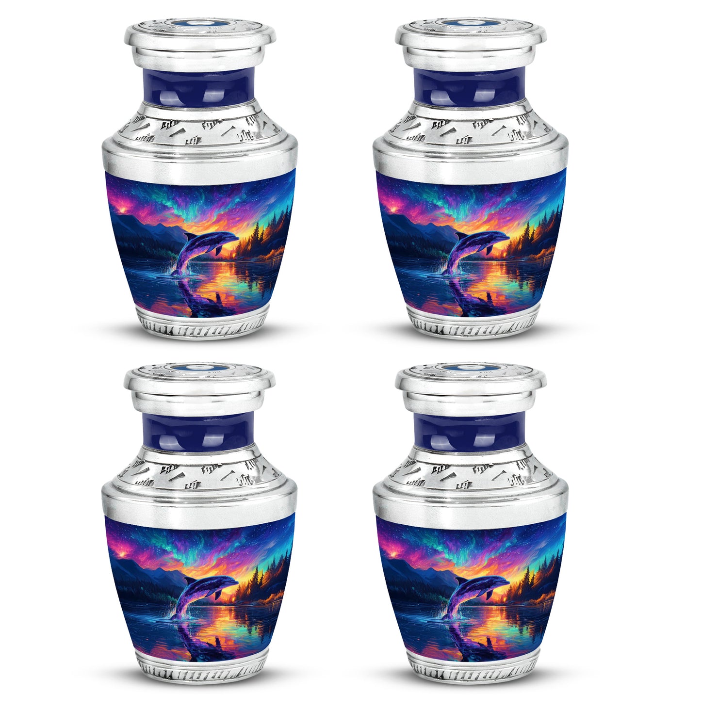 Soft Blue Dolphin Cremation Urn back view with polished surface - artistic dolphin interpretation with creative detail - 10 inch aluminum urn for cremated remains