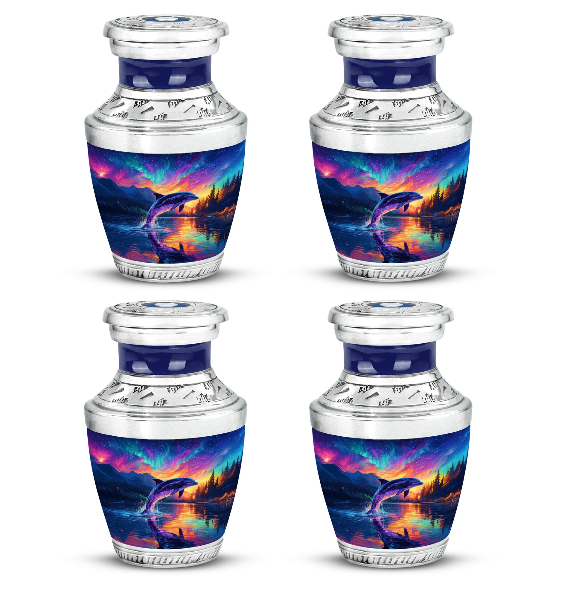 Soft Blue Dolphin Cremation Urn back view with polished surface - artistic dolphin interpretation with creative detail - 10 inch aluminum urn for cremated remains