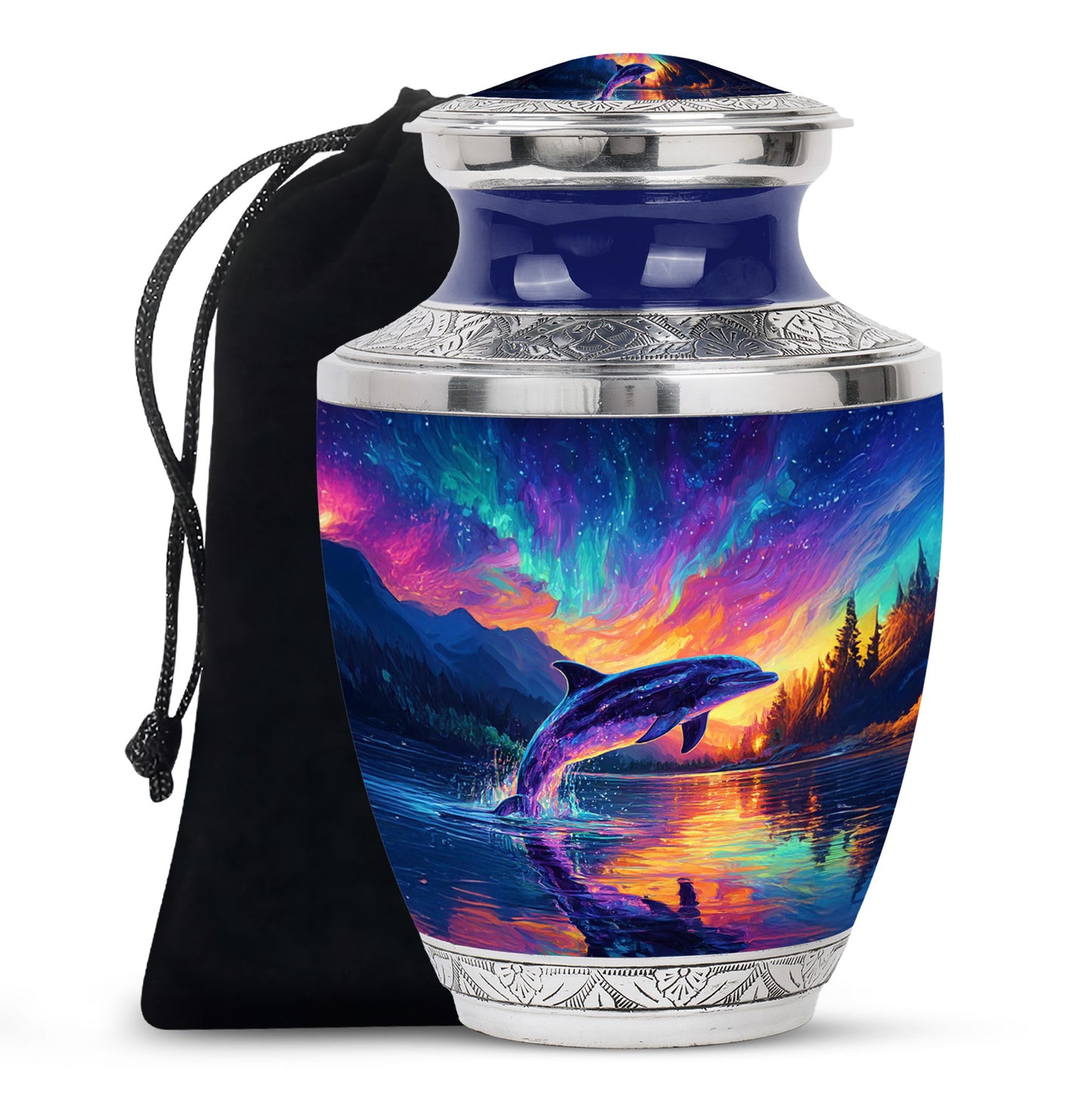 Calming Blue Dolphin Cremation Urn side profile showing urn shape - artistic dolphin interpretation with creative detail - full-size 10 inch 200 cubic inch adult cremation urn