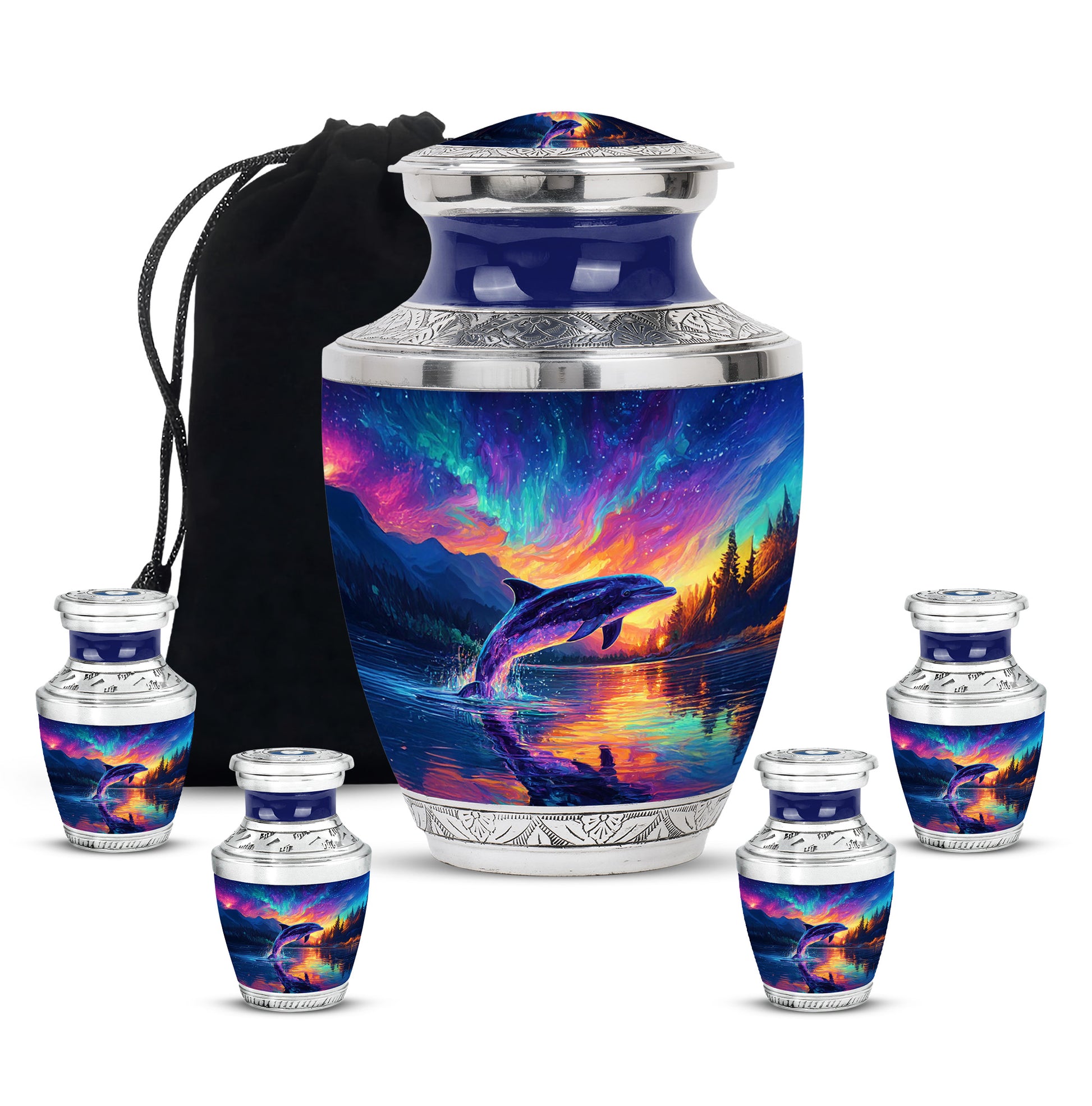 Serene Blue Dolphin Cremation Urn lifestyle display on memorial shelf - artistic dolphin interpretation with creative detail - memorial set with one large and four small urns