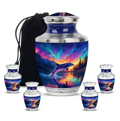 Serene Blue Dolphin Cremation Urn lifestyle display on memorial shelf - artistic dolphin interpretation with creative detail - memorial set with one large and four small urns