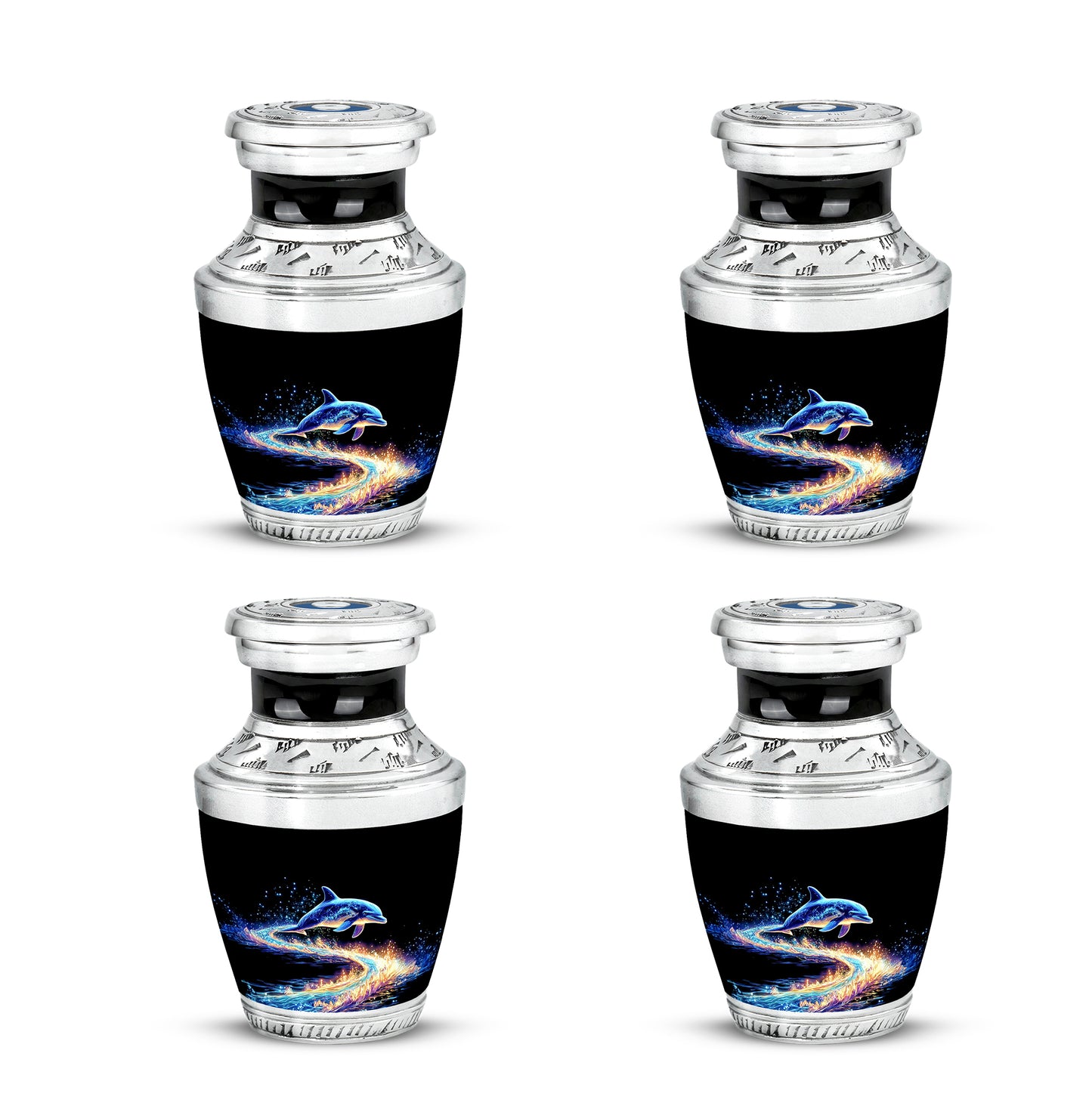 Rich Black Dolphin Cremation Urn back view with polished surface - modern art-inspired dolphin motif on sleek aluminum - 10 inch aluminum urn for cremated remains