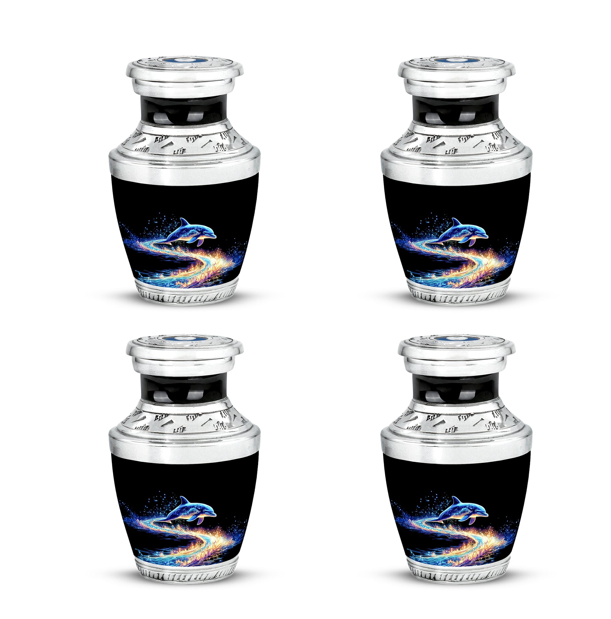 Rich Black Dolphin Cremation Urn back view with polished surface - modern art-inspired dolphin motif on sleek aluminum - 10 inch aluminum urn for cremated remains