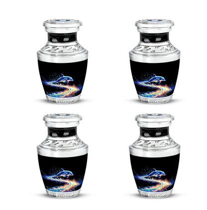 Rich Black Dolphin Cremation Urn back view with polished surface - modern art-inspired dolphin motif on sleek aluminum - 10 inch aluminum urn for cremated remains