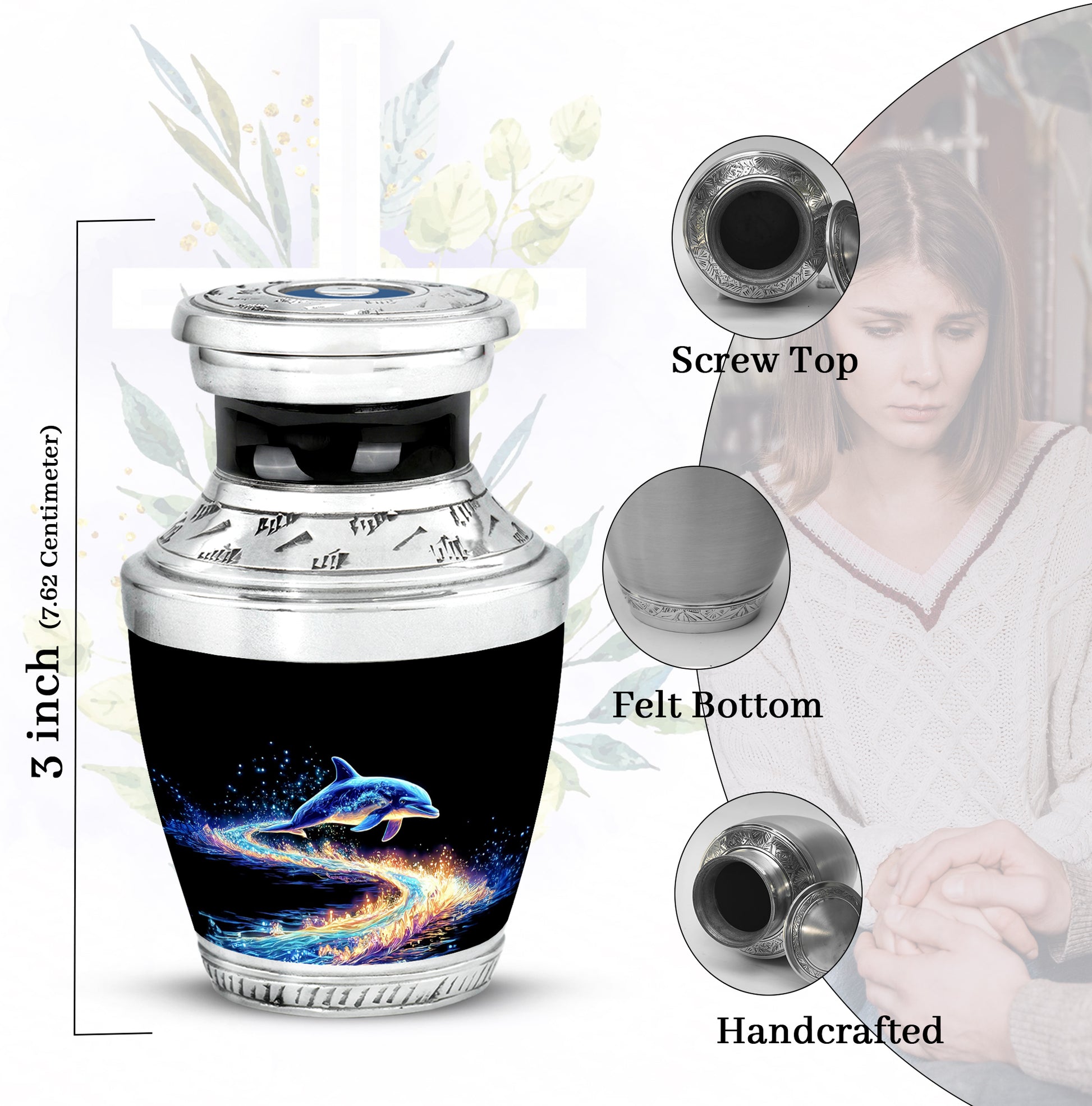 Midnight Black Dolphin Cremation Urn top-down view of secure threaded lid - stylized abstract dolphin pattern with bold lines - mini keepsake memorial for portion of cremation ashes