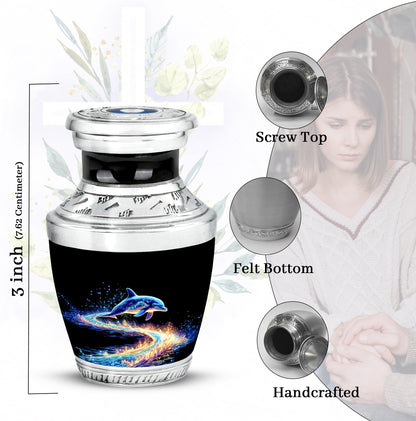 Midnight Black Dolphin Cremation Urn top-down view of secure threaded lid - stylized abstract dolphin pattern with bold lines - mini keepsake memorial for portion of cremation ashes