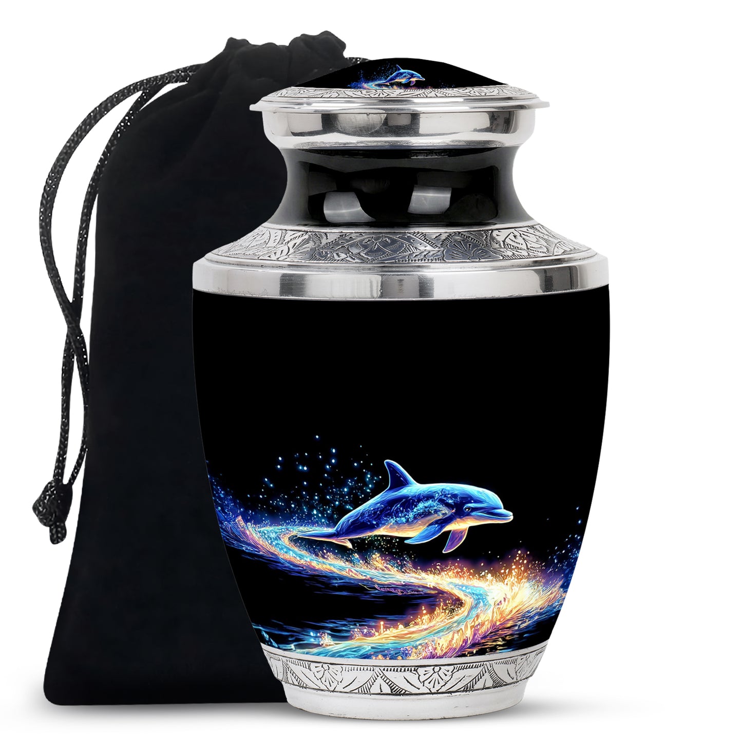 Jet Black Dolphin Cremation Urn side profile showing urn shape - contemporary dolphin design with modern artistic flair - full-size 10 inch 200 cubic inch adult cremation urn
