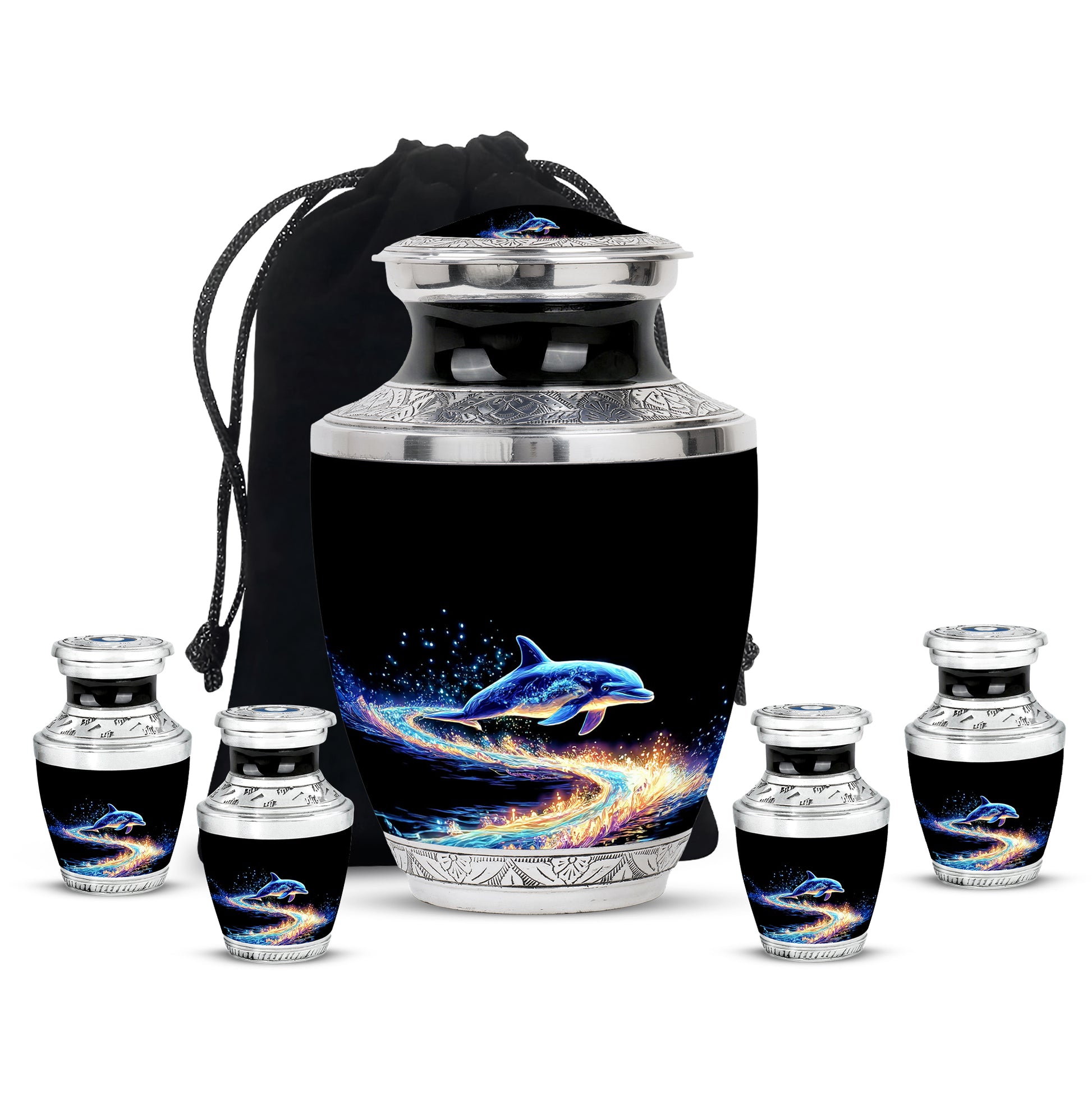 Midnight Black Dolphin Cremation Urn lifestyle display on memorial shelf - stylized abstract dolphin pattern with bold lines - memorial set with one large and four small urns