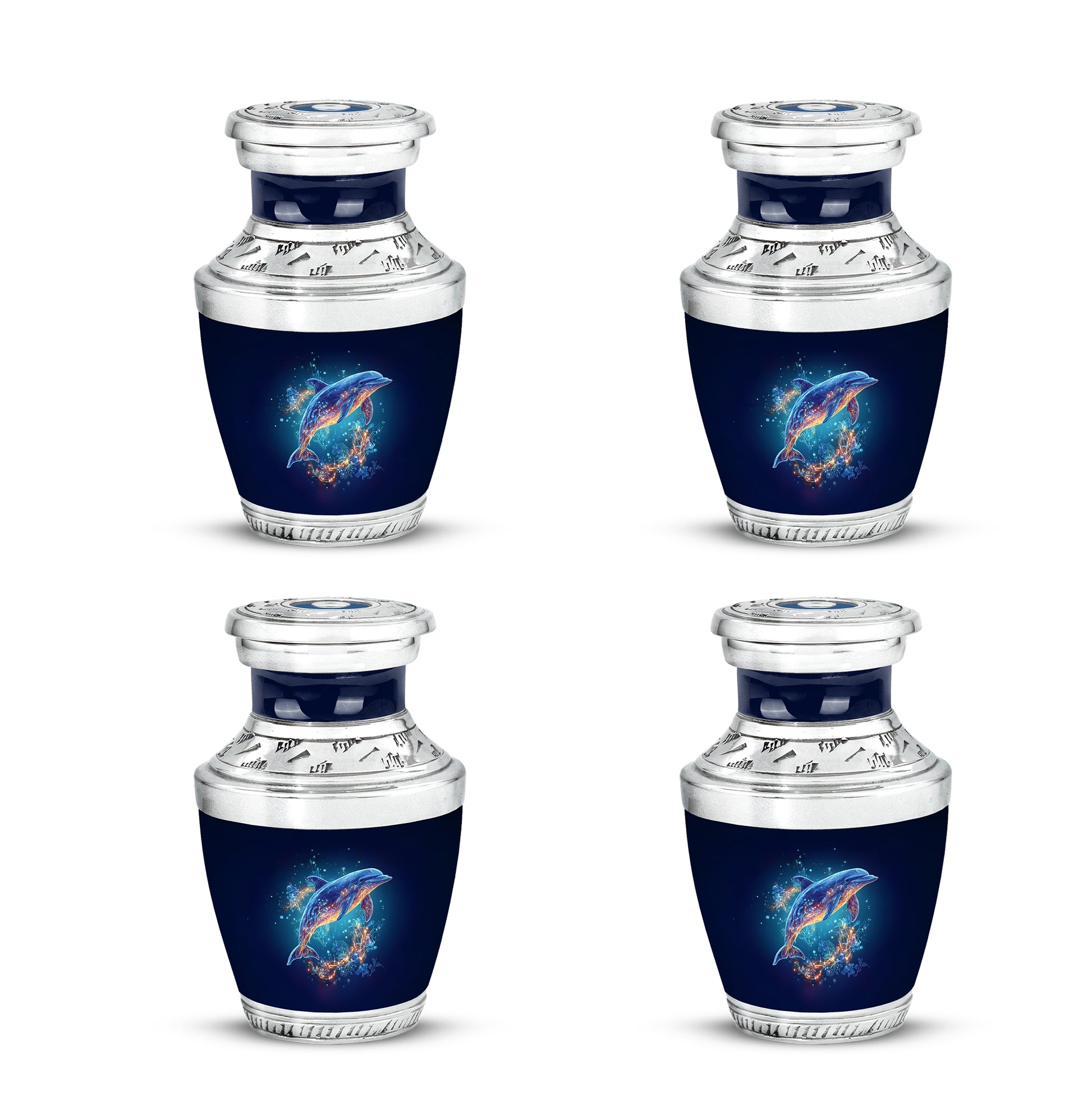 Steel Blue Dolphin Cremation Urn back view with polished surface - artistic dolphin interpretation with creative detail - 10 inch aluminum urn for cremated remains