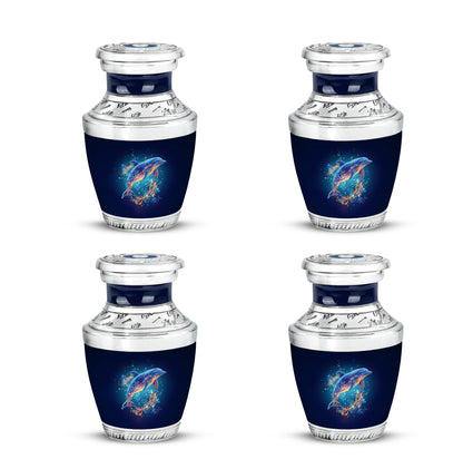 Steel Blue Dolphin Cremation Urn back view with polished surface - artistic dolphin interpretation with creative detail - 10 inch aluminum urn for cremated remains