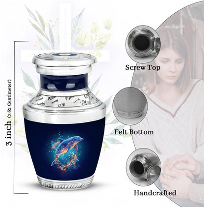 Dusty Blue Dolphin Cremation Urn top-down view of secure threaded lid - modern art-inspired dolphin motif on sleek aluminum - mini keepsake memorial for portion of cremation ashes