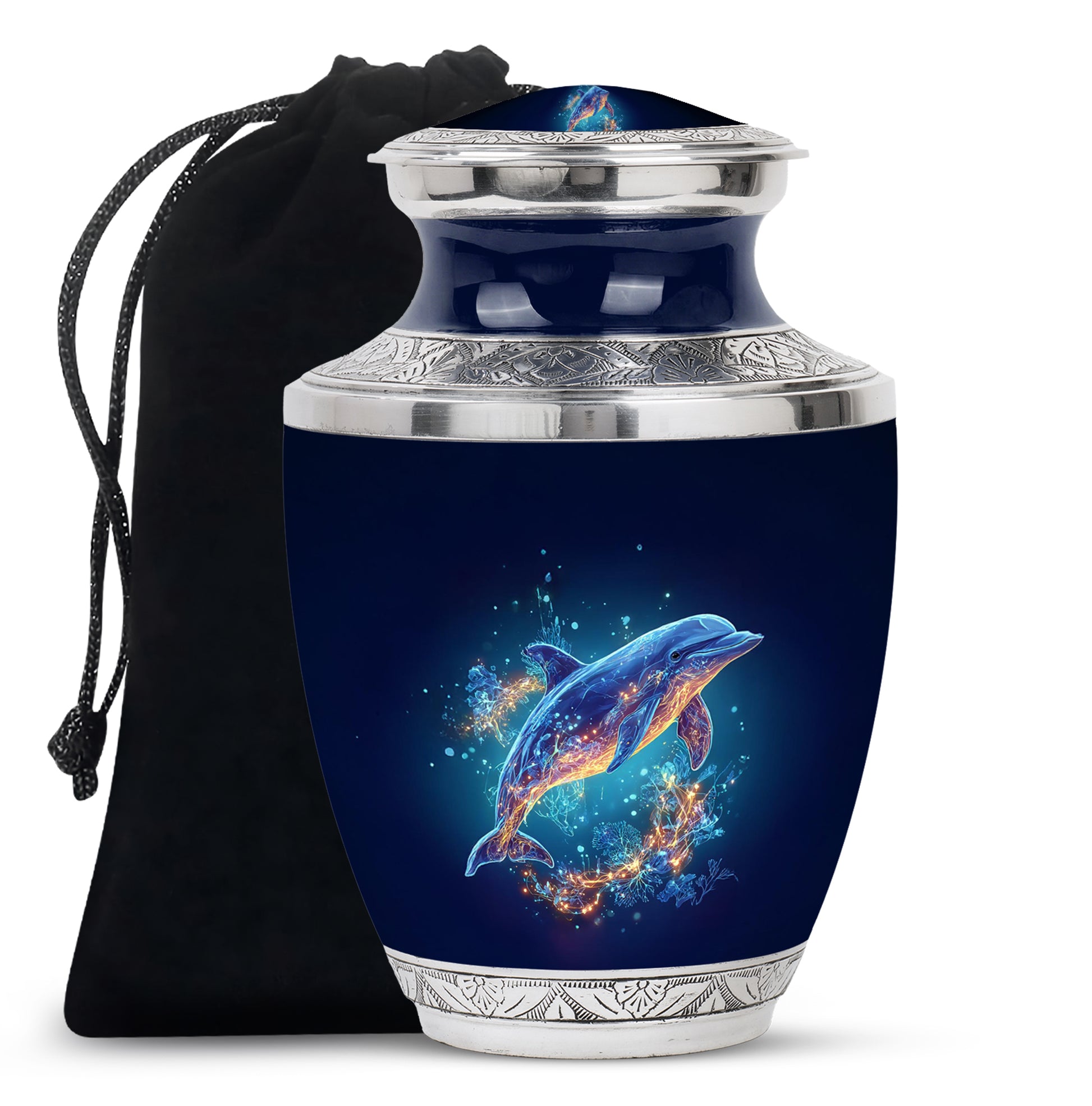 Sky Blue Dolphin Cremation Urn side profile showing urn shape - modern art-inspired dolphin motif on sleek aluminum - full-size 10 inch 200 cubic inch adult cremation urn