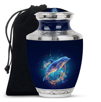 Sky Blue Dolphin Cremation Urn side profile showing urn shape - modern art-inspired dolphin motif on sleek aluminum - full-size 10 inch 200 cubic inch adult cremation urn