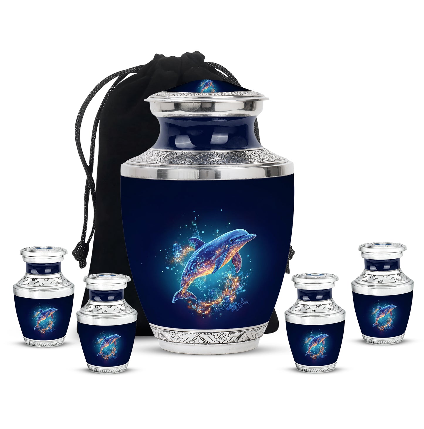 Cobalt Blue Dolphin Cremation Urn lifestyle display on memorial shelf - artistic dolphin interpretation with creative detail - memorial set with one large and four small urns