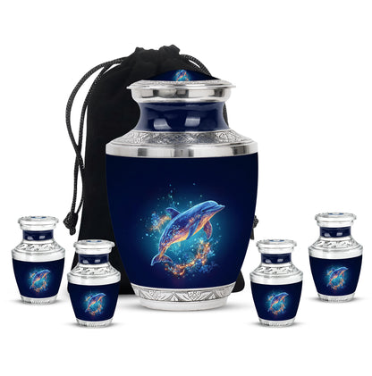 Cobalt Blue Dolphin Cremation Urn lifestyle display on memorial shelf - artistic dolphin interpretation with creative detail - memorial set with one large and four small urns