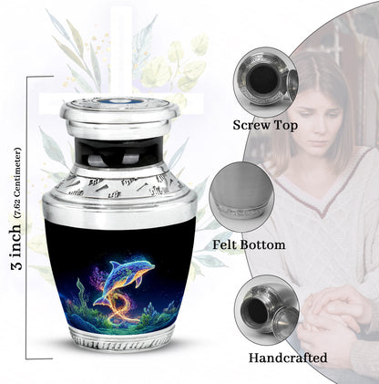 Charcoal Black Dolphin Cremation Urn top-down view of secure threaded lid - stylized abstract dolphin pattern with bold lines - mini keepsake memorial for portion of cremation ashes