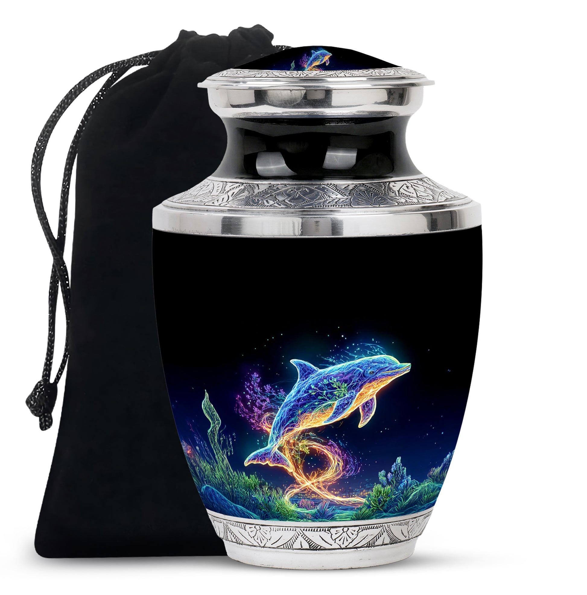 Glossy Black Dolphin Cremation Urn side profile showing urn shape - contemporary dolphin design with modern artistic flair - full-size 10 inch 200 cubic inch adult cremation urn