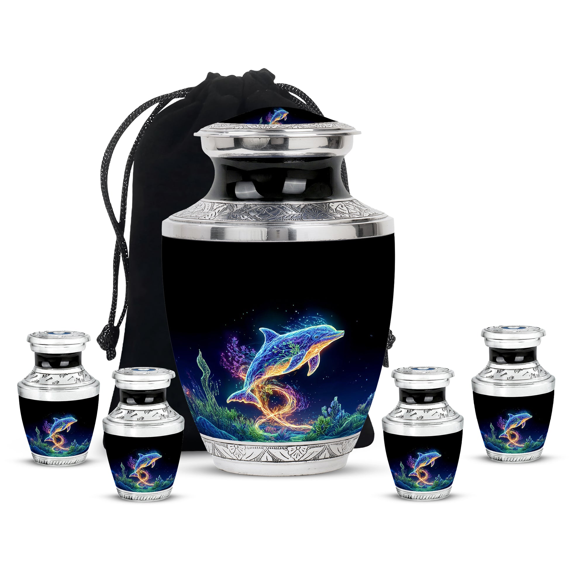 Deep Black Dolphin Cremation Urn lifestyle display on memorial shelf - modern art-inspired dolphin motif on sleek aluminum - memorial set with one large and four small urns