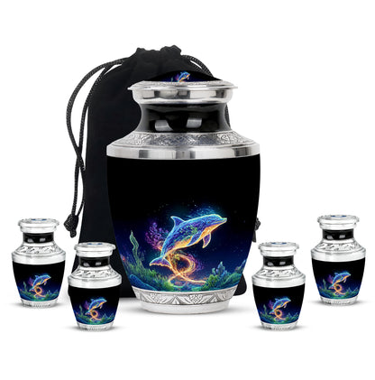 Deep Black Dolphin Cremation Urn lifestyle display on memorial shelf - modern art-inspired dolphin motif on sleek aluminum - memorial set with one large and four small urns