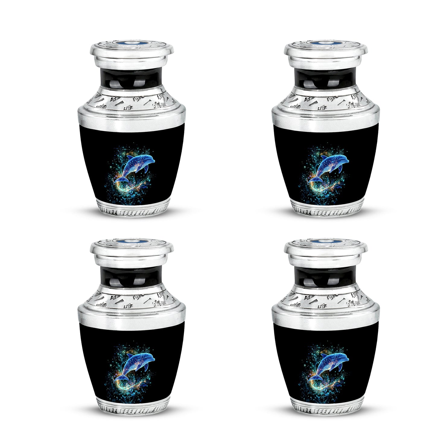 Glossy Black Dolphin Cremation Urn back view with polished surface - modern art-inspired dolphin motif on sleek aluminum - 10 inch aluminum urn for cremated remains