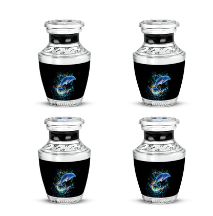 Glossy Black Dolphin Cremation Urn back view with polished surface - modern art-inspired dolphin motif on sleek aluminum - 10 inch aluminum urn for cremated remains