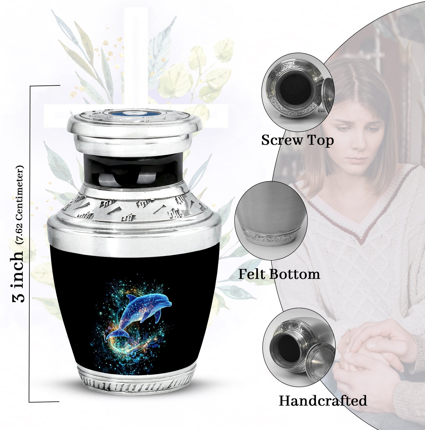Glossy Black Dolphin Cremation Urn top-down view of secure threaded lid - contemporary dolphin design with modern artistic flair - mini keepsake memorial for portion of cremation ashes