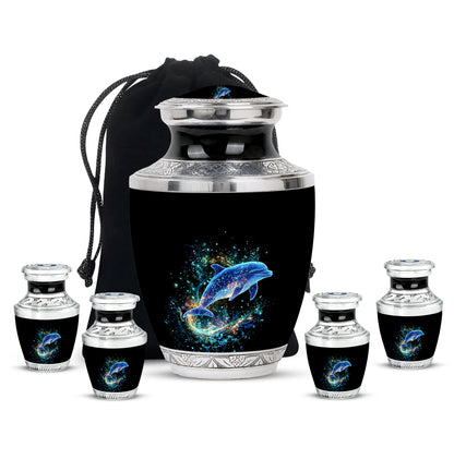 Rich Black Dolphin Cremation Urn lifestyle display on memorial shelf - contemporary dolphin design with modern artistic flair - memorial set with one large and four small urns