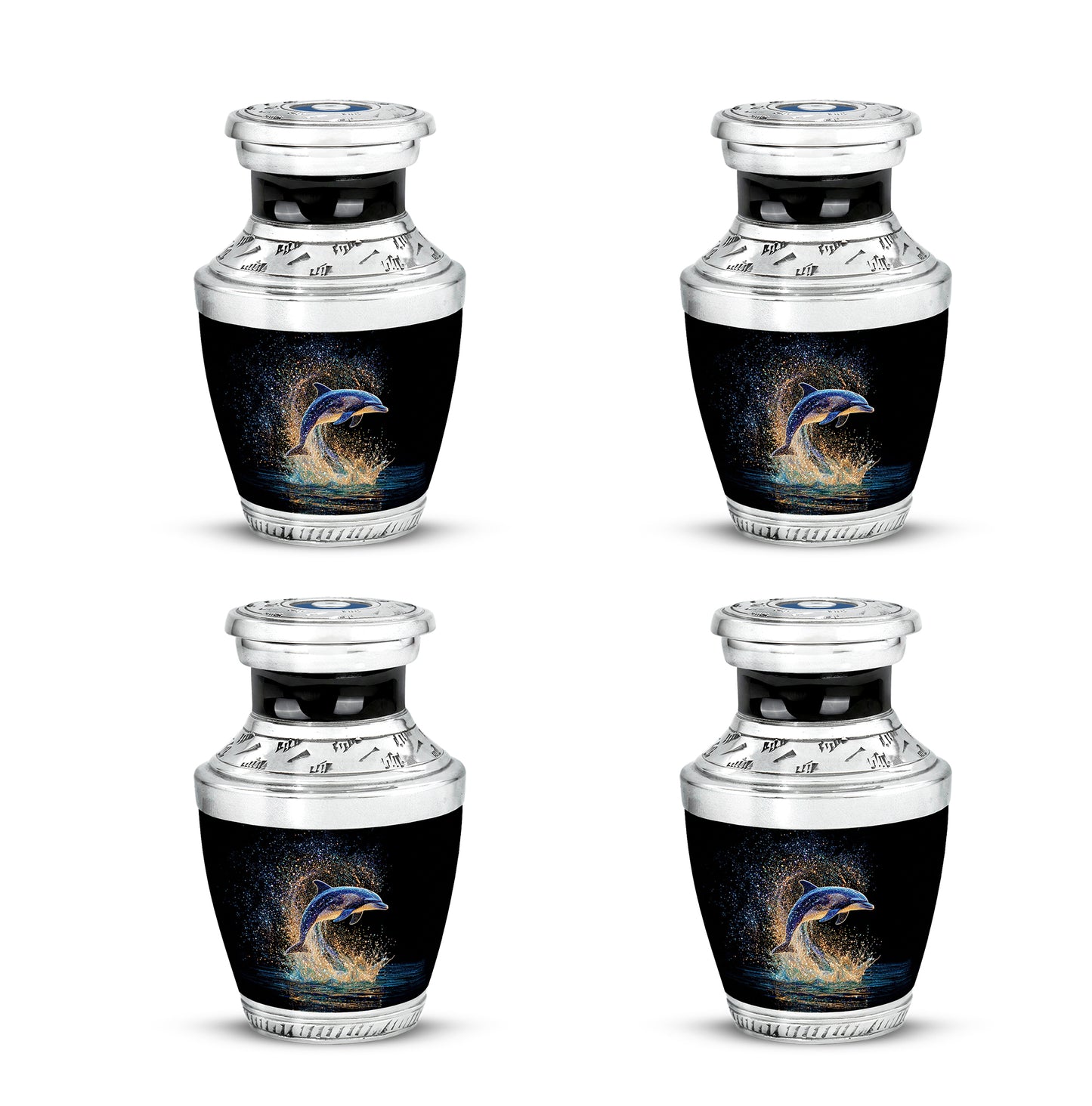 Obsidian Black Dolphin Cremation Urn back view with polished surface - stylized abstract dolphin pattern with bold lines - 10 inch aluminum urn for cremated remains