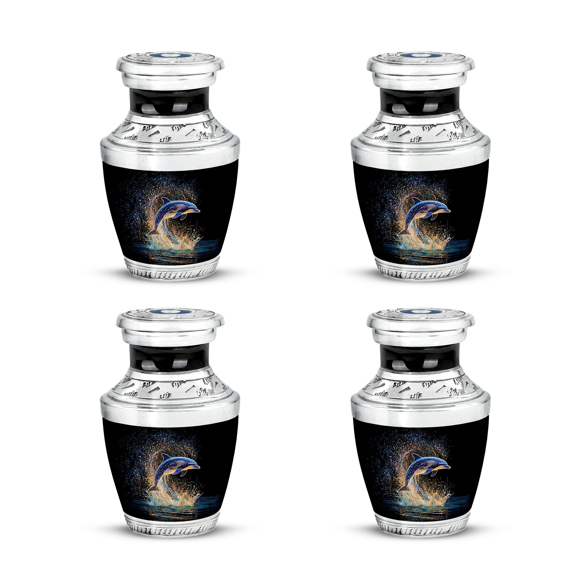 Obsidian Black Dolphin Cremation Urn back view with polished surface - stylized abstract dolphin pattern with bold lines - 10 inch aluminum urn for cremated remains